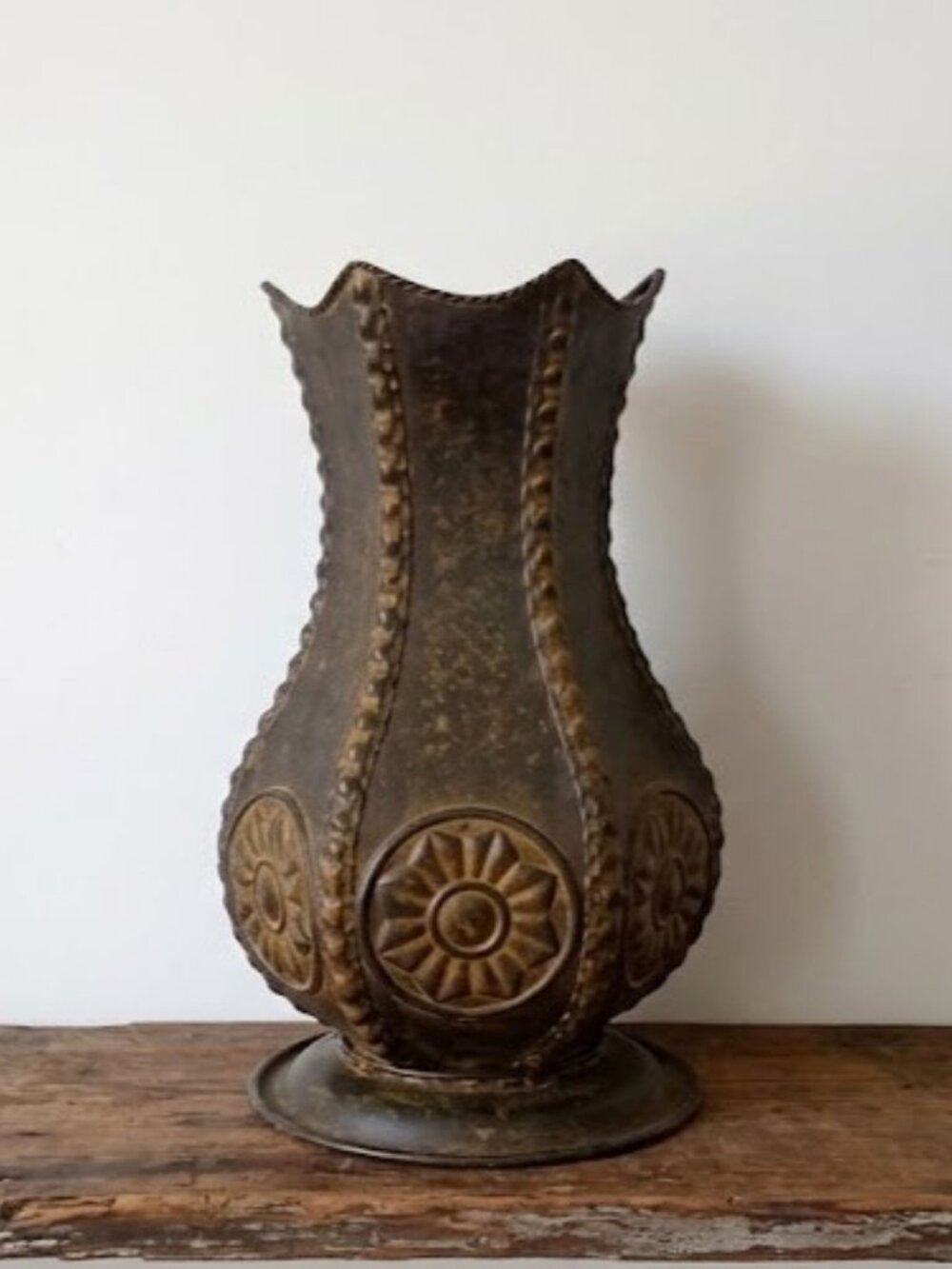 Vintage Embossed Metal Urn Vase 14" Sunburst Rosette Rustic Bronze Tone Tuscan